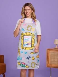 FRIENDS X SHEIN 1pc Cos Apron, Classic Black Pattern, Waterproof And Oil-Proof Material, Comfortable And Soft, A Must-Have In The Kitchen And Baking, Suitable For Both Men And Women - Grey - View 2