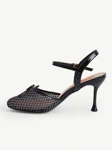 CUCCOO CHICEST Ladies' New Sexy Stiletto Fashion Mesh Bow Square Toe Sandals, Black Elegant Fairy Style Dating - Black - View 5
