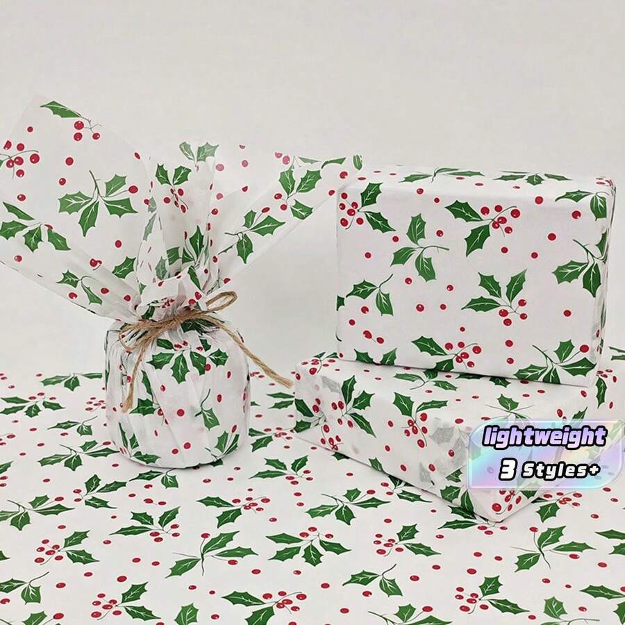 10/30/60Pcs Christmas Gingerbread Man Tissue Paper 20x34 Inch, Holiday Printed Protective Wrapping Paper For Gift Packing & Party Decoration - Green Leaves and Red Fruits - View 1