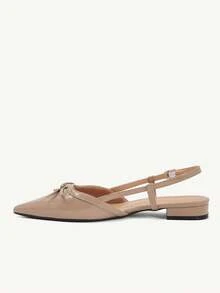 CUCCOO CHICEST Women's Bow Thin Strap Back Strap Pointed Toe Flat Elegant French Style Glossy Apricot One-Strap Shoes, Suitable For Dating And Commuting Fall Shoes - Apricot - View 6