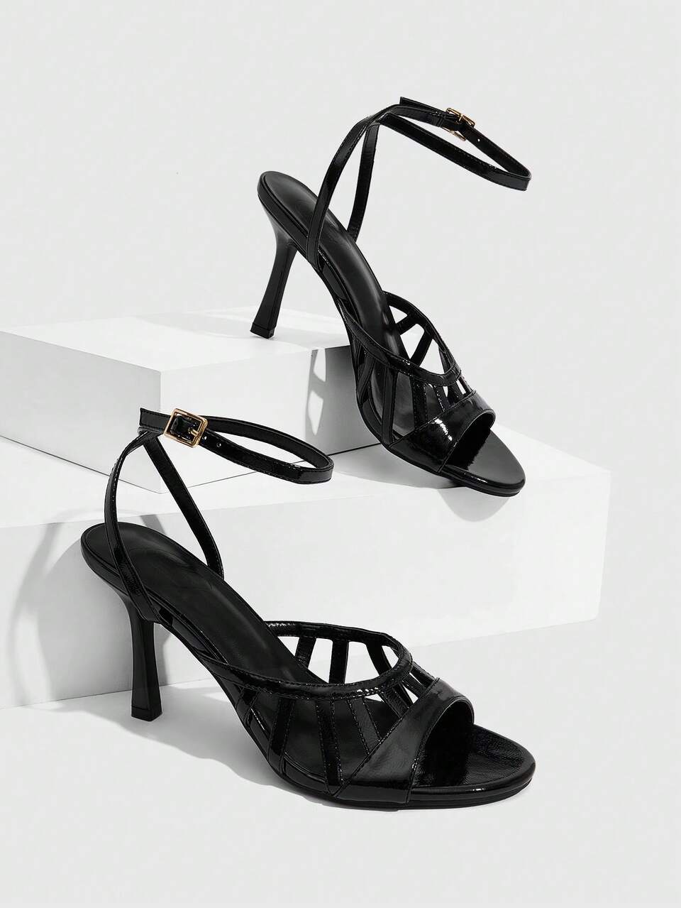 CUCCOO SZL Women Shoes Black PU Hollow Ankle Strap Fashionable Sexy Round Toe High Heel Sandals