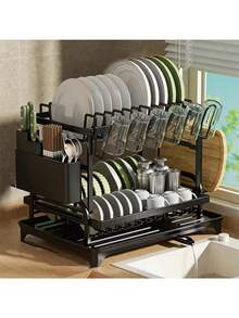 Escurridor de platos de 2 capas con juego de bandeja de drenaje - Escurridor de platos de metal grande con bandejas de drenaje, estantes para vasos, estantes para utensilios y sistema de drenaje adicional - Accesorios de cocina para un secado y organización de platos eficiente - Multicolor - Ver 1