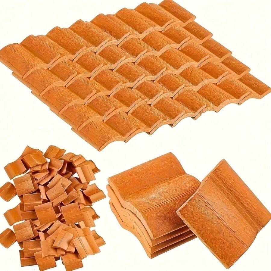 100 Pieces Mini Red Roof Tile Model Building Set, Made Of Clay Material, Miniature Tile Statue Landscape Accessories, DIY Tile Model Garden Decoration - Other - View 1