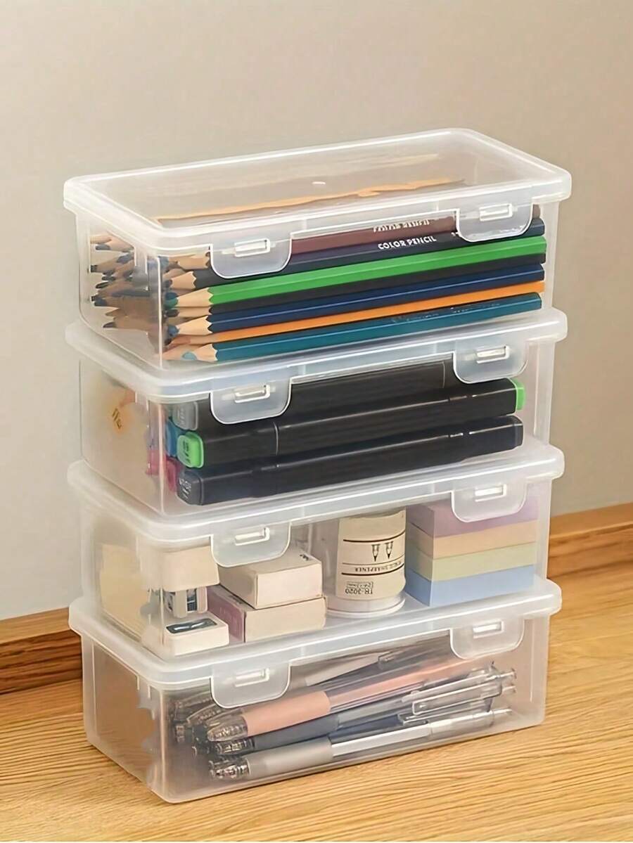 Set Of Four Large-Capacity Transparent Storage Boxes With Flip Lids, Suitable For Office, School, Art Supplies, Desktop Accessories, And A Must-Have For Back-To-School Season - Clear - View 1