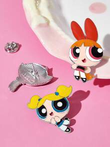THE POWERPUFF GIRLS X SHEIN 3件組時尚可愛卡通鋅合金胸針別針組，包包吊飾，適合作為禮物、收藏品、紀念品 - 彩色 - 查看 4