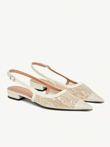 CUCCOO CHICEST Women's Lace Perspective Upper Thin Rear Strap Pointed Retro Pure Lace Splicing Patent Leather Apricot Rear Empty Sandals Dating Atmosphere Wear Casua - Beige - View 2