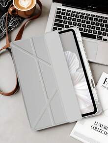 A Transparent Acrylic Y-Fold Gray Tablet Case For IPad 11iPad (A16) 12 Inch 11th Generation 2025 Model: Multi-Fold Adjustable Viewing Angle Bracket, Built-In Pen Slot, High-Transmission Acrylic Back Shell, Shockproof, Sleep/Wake, Simple/Classic - Grey - View 5