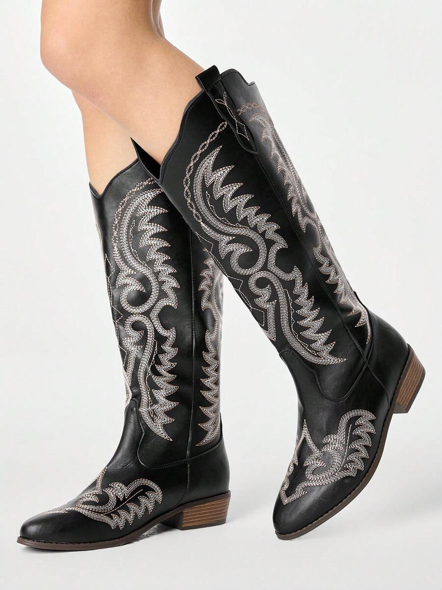 ROMWE Fairycore Sandales à talons pour femmes, talons épais, talons hauts, bottes mi-mollet, bottes à semelle épaisse avec broderie, bottes hautes à découpe en V, bottes de chevalier, bottes occidentales longues à bout pointu - Noir - Voir 1