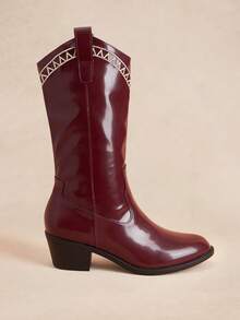 Rosivie Autumn And Winter Thick Heel Embroidery Geometric Pattern Retro Commuter Mid Tube Knight Boots - Burgundy - View 2