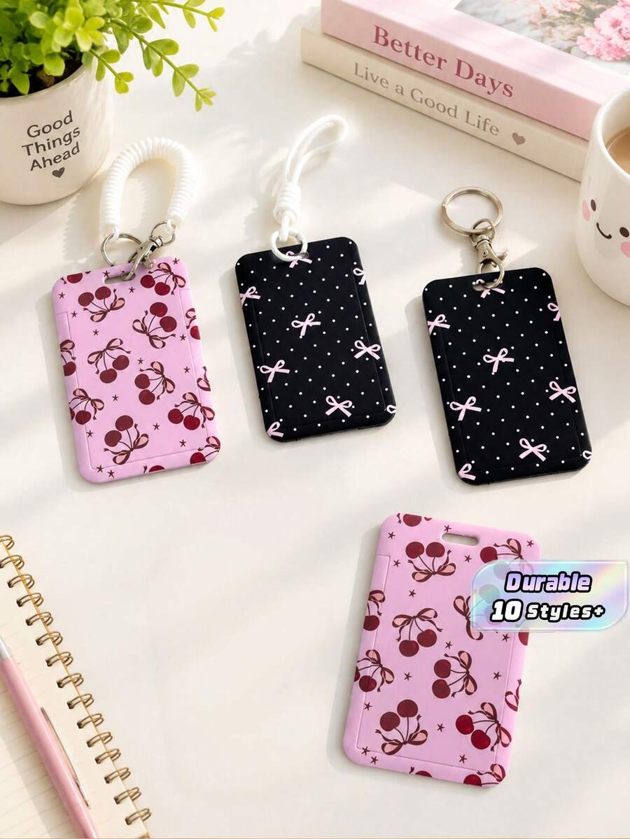 Sampul Kartu Geser dengan Pita Polkadot Lucu dan Motif Ceri. Pelindung Kartu Identitas yang Tahan Lama, Tersedia dengan Tali Kepang atau Reel Lencana yang Dapat Ditarik untuk Penyimpanan Kartu Sehari-hari. - Beraneka warna - View 1