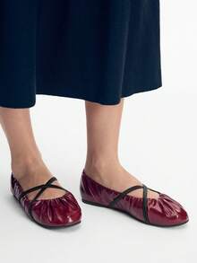Mnmlis Women's Soft Leather Round Toe Flat-Soled Shoes, Cross-Strap Pleated Insole Embossed Design, Gentle Style Commuting Daily Versatile Fall Shoes - Burgundy - View 7