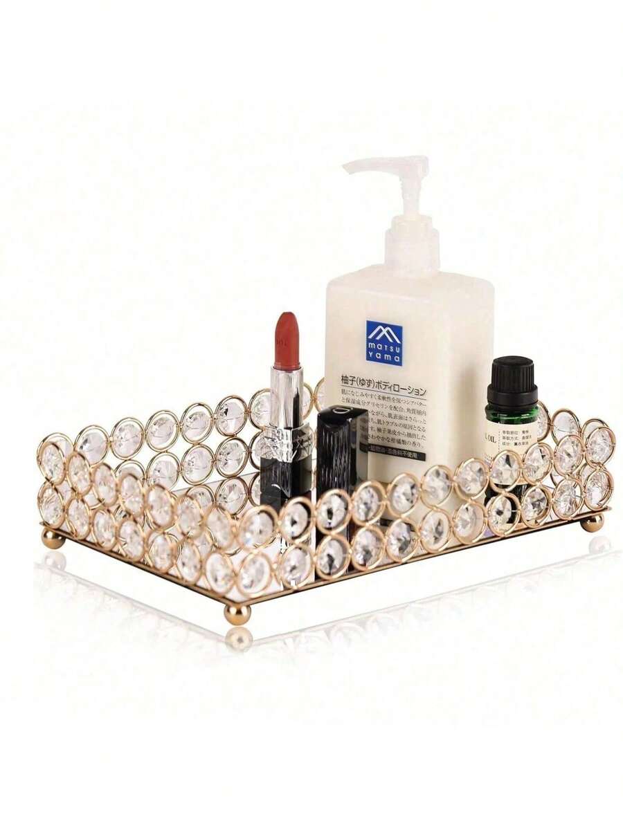 1Pc Dressing Table Perfume Tray, Modern Crystal Mirror Tray, Small Glass Tray, Mirror Dressing Table Tray Perfume Storage Box Tray, Suitable For Cosmetics, Jewelry, Home Decorations Countertop Perfume Tray, Gift For Valentine's Day - Gold - View 1
