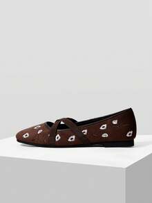 Mnmlis Women's Shoes Spring And Autumn Small Flower Embroidery Cross Elastic Belt Design Low Vamp Small Square Toe Flat Heel Flat Bottom French Retro Gen Fall Shoes - Coffee Brown - View 2