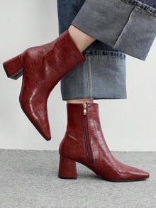 CUCCOO BIZCHIC Women's Retro Alligator Pattern Pressed Leather Pointed Heel Side Zipper Short Boots Burgundy Glossy PU Slim Temperament Autumn And Winter Ankle Boots - Burgundy - View 2