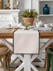 Cirelle French Vintage Table Runner/ Placemats, Cream Linen & Polyester Dining Table Decor With Black Scalloped Trim, Boho Farmhouse Kitchen Essentials - Multicolor - View 12