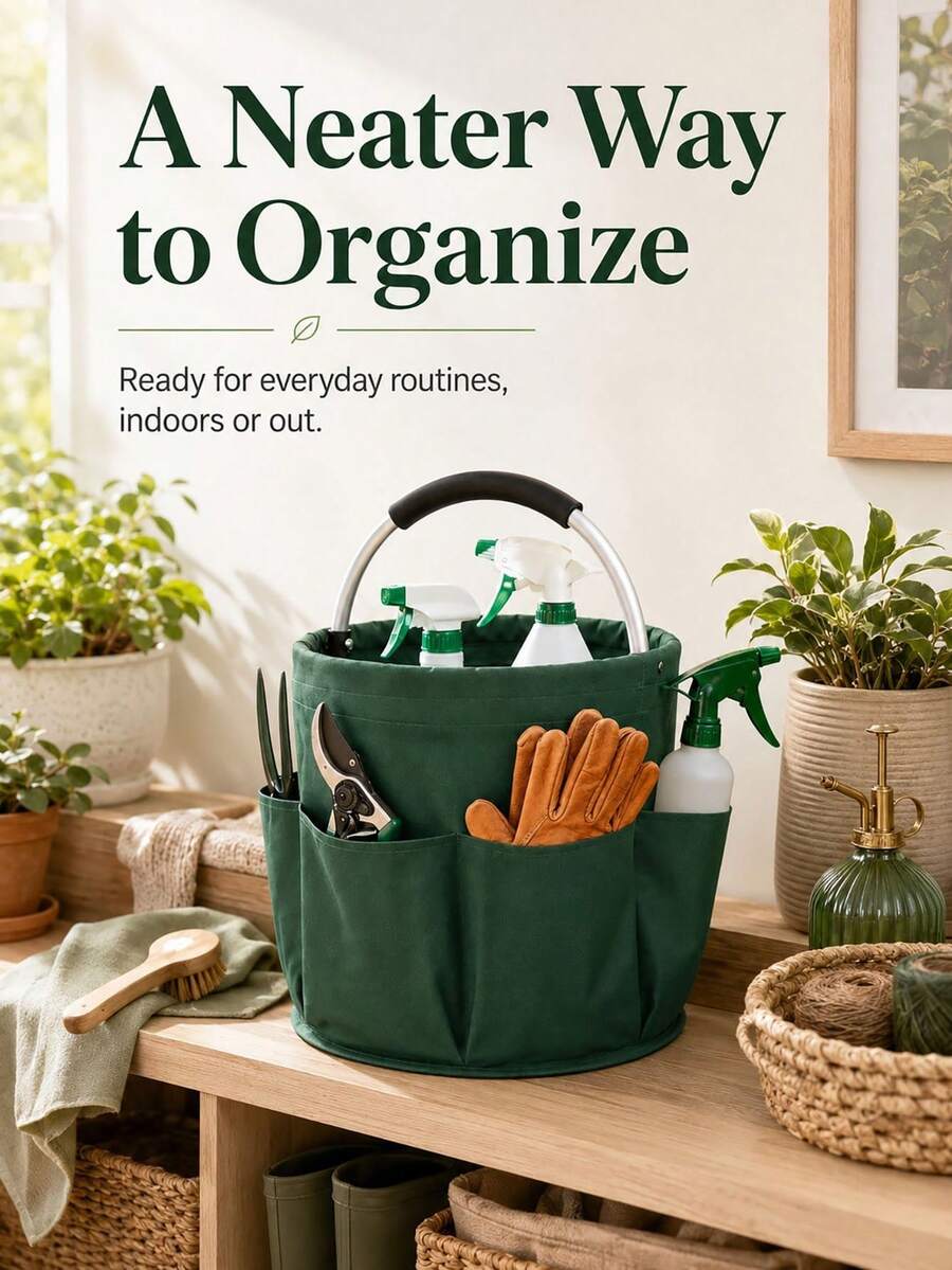 1 Farm-Style Solid Color Garden Tool Storage Bag, Round Bucket-Shaped With 6 Side Pockets And Reinforced Metal Handle, Foldable Oxford Cloth Storage Bag, Large-Capacity Home Garden Organizing Bag - A - View 1