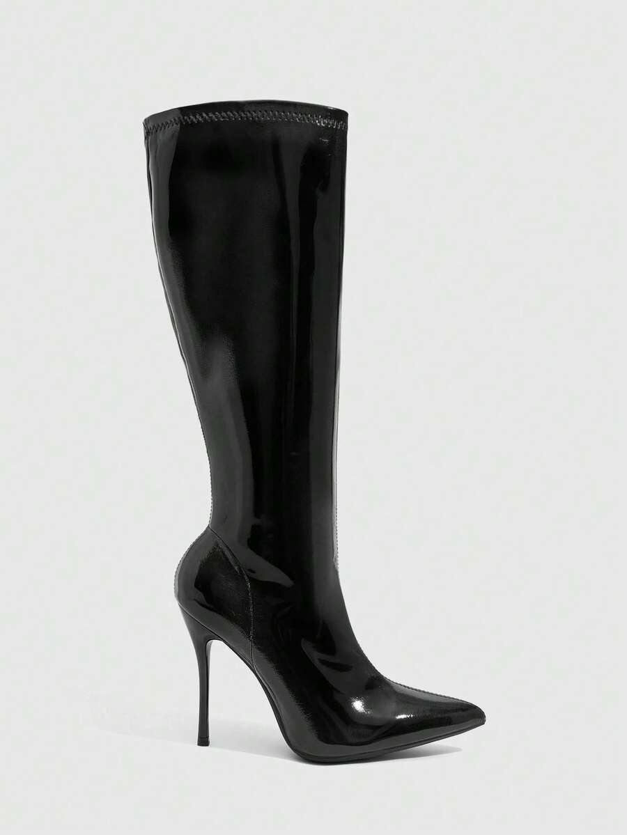 CUCCOO SZL Black Glossy Pointed-Heeled Elastic High Boots, Spice Girls Autumn And Winter Models Fall Boots - Black - View 1
