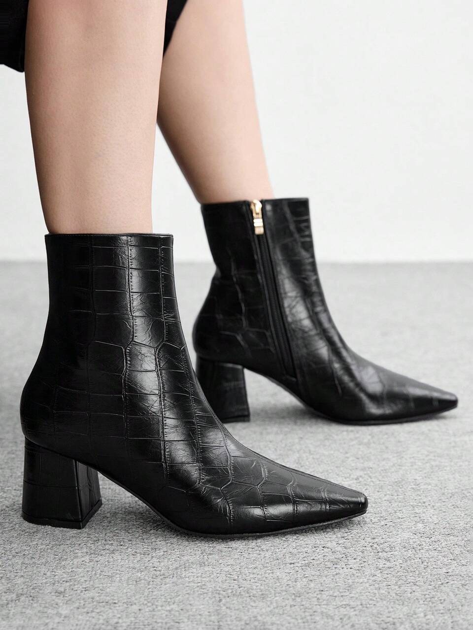 CUCCOO BIZCHIC Women's Retro Black Alligator Pattern Pressed Leather Pointed Heel Side Zipper Short Boots Glossy PU Slim Temperament Autumn And Winter Ankle Boots