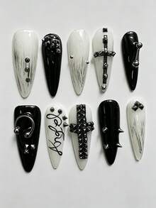 ROMWE Goth 10Pcs White Millennial Babes Punk Style Cross Retro Rivet Letter Printing Retro Pop Art French White Series Handmade Fake Nail Patch, Suitable For College, Shopping, Nightclubs, Etc - black rice - View 1