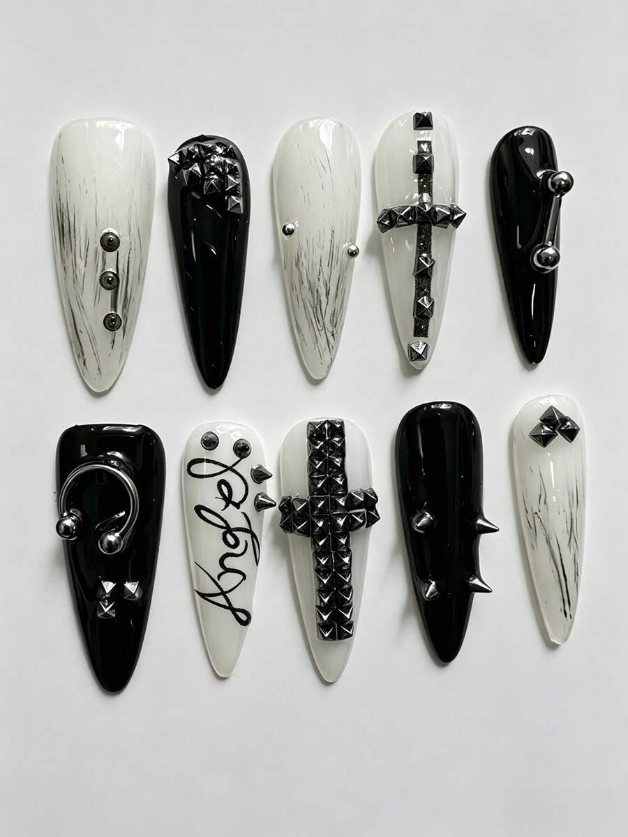 ROMWE Goth 10Pcs White Millennial Babes Punk Style Cross Retro Rivet Letter Printing Retro Pop Art French White Series Handmade Fake Nail Patch, Suitable For College, Shopping, Nightclubs, Etc - black rice - View 1