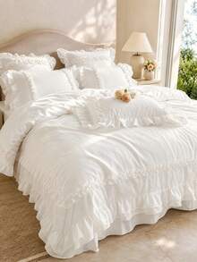 Cirelle 3pcs White Ruffled Duvet Cover Set , Ultra Soft Polyester Princess Style Bedding Set, Breathable Aesthetic Cream Duvet Cover With 1/2 Shams (No Insert) - White - View 3