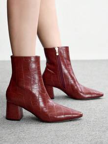 CUCCOO BIZCHIC Women's Retro Alligator Pattern Pressed Leather Pointed Heel Side Zipper Short Boots Burgundy Glossy PU Slim Temperament Autumn And Winter Ankle Boots - Burgundy - View 6