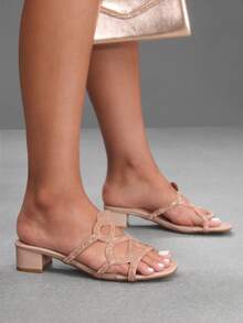 CUCCOO SZL Sandal Slip-On Hak Tebal Seksi Motif Ular dengan Hiasan Berlian Imitasi, Tali Silang Berlian Imitasi yang Indah, Elegan dan Seksi, Cocok untuk Kencan, Perjalanan Sehari-hari/Kencan/Pesta Malam/Jalan-jalan di Kampus/Pernikahan/Belanja/Perjalanan - Aprikot - View 7
