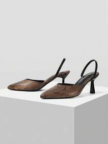 Mnmlis Spring/Summer Snake Print Pointed Tip Thin Heel Retro Empty High Heel Sandals Commuter Dating - Brown - View 2