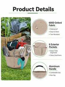 1 Farm-Style Solid Color Garden Tool Storage Bag, Round Bucket-Shaped With 6 Side Pockets And Reinforced Metal Handle, Foldable Oxford Cloth Storage Bag, Large-Capacity Home Garden Organizing Bag - A - View 7