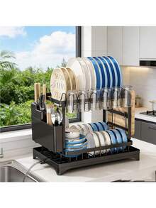 Escurridor de platos de 2 capas con juego de bandeja de drenaje - Escurridor de platos de metal grande con bandejas de drenaje, estantes para vasos, estantes para utensilios y sistema de drenaje adicional - Accesorios de cocina para un secado y organización de platos eficiente - Multicolor - Ver 4