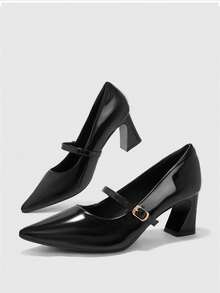 CUCCOO BIZCHIC Women's, Black, Glossy Texture, Pointed Mary Jane, Thick Heels, Workplace Commuter Dress, Work Shoes. - Black - View 2