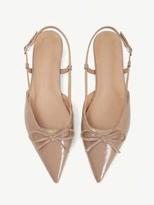 CUCCOO CHICEST Women's Bow Thin Strap Back Strap Pointed Toe Flat Elegant French Style Glossy Apricot One-Strap Shoes, Suitable For Dating And Commuting Fall Shoes - Apricot - View 1