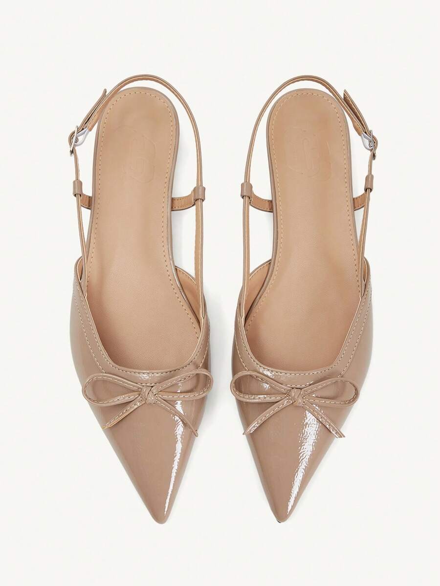 CUCCOO CHICEST Women's Bow Thin Strap Back Strap Pointed Toe Flat Elegant French Style Glossy Apricot One-Strap Shoes, Suitable For Dating And Commuting Fall Shoes - Apricot - View 1