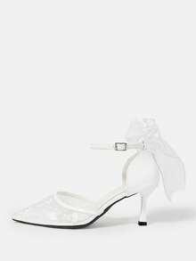 CUCCOO HITCHD Transparent Mesh Embroidered Bridal High Heels, Ankle Strap Bow High Heels, Suitable For Wedding Ceremonies And Bridal Wear. - White - View 3
