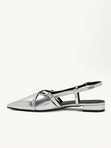 CUCCOO CHICEST Women's Cross Strap Bimetal Buckle Back Trip Strap Pointed Toe Competent Commuter Glossy Patent Leather Silver Backspace Sandals Workplace Commuter D - Silver - View 6