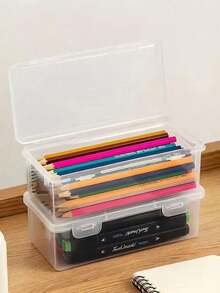 Set Of Four Large-Capacity Transparent Storage Boxes With Flip Lids, Suitable For Office, School, Art Supplies, Desktop Accessories, And A Must-Have For Back-To-School Season - Clear - View 5
