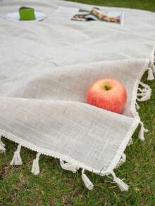 Bubaba 1 Pc Beige Linen Material Rectangular Picnic Blanket Mat, Portable Outdoor Rug For Camping, Beach, Travel, Home Events - Beige - View 6