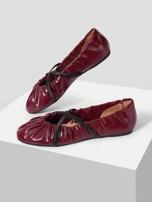 Mnmlis Women's Soft Leather Round Toe Flat-Soled Shoes, Cross-Strap Pleated Insole Embossed Design, Gentle Style Commuting Daily Versatile Fall Shoes - Burgundy - View 5
