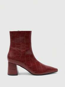 CUCCOO BIZCHIC Women's Retro Alligator Pattern Pressed Leather Pointed Heel Side Zipper Short Boots Burgundy Glossy PU Slim Temperament Autumn And Winter Ankle Boots - Burgundy - View 10