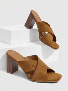 CUCCOO SZL Brown Coffee Cross With Square Toe Thick Heel Outside Wearing Elegant Women's Sandals - Brown - View 2