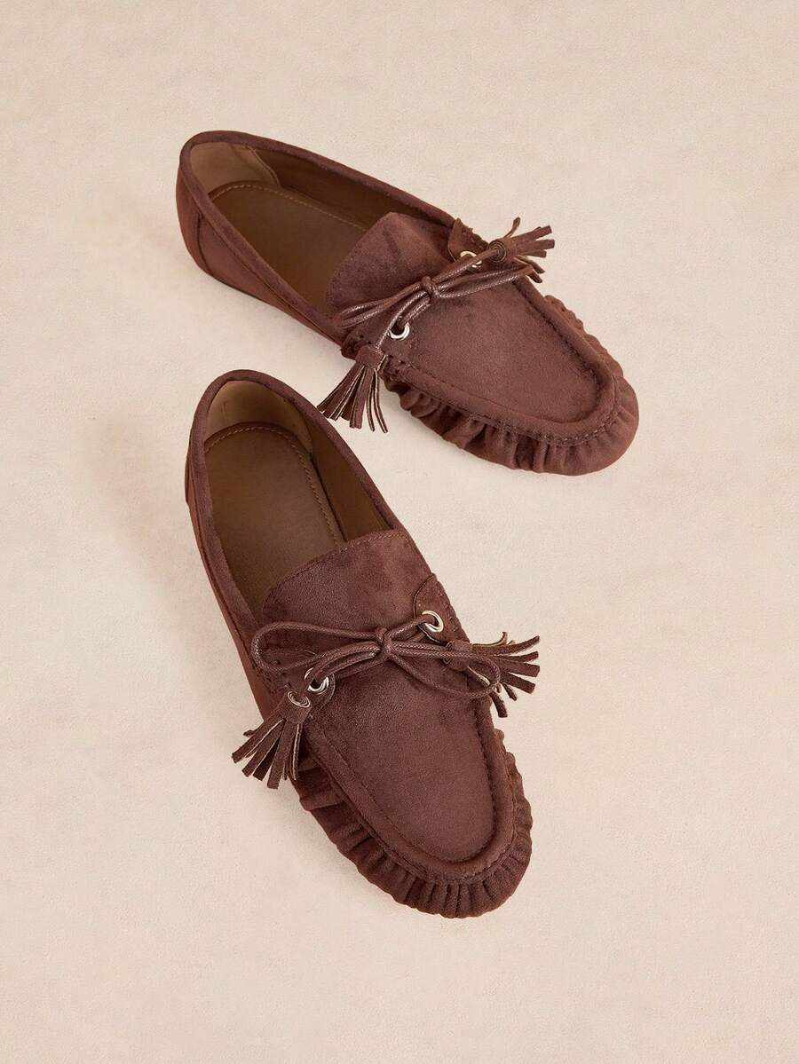 Rosivie Ladies Brown Casual Comfortable Versatile Flat Fringed Decorative Loafers, French Elegance, Suitable For Walking, Travel And Vacation Fall Shoes - Coffee Brown - View 1