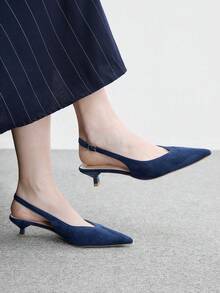 CUCCOO BIZCHIC Giày cao gót nữ màu xanh navy bằng da lộn, phong cách đơn giản thời trang, đi làm hằng ngày, gót nhọn, quai hậu slingback - Màu xanh hải quân - Xem 5