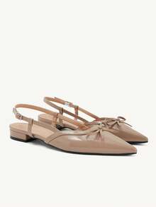 CUCCOO CHICEST Women's Bow Thin Strap Back Strap Pointed Toe Flat Elegant French Style Glossy Apricot One-Strap Shoes, Suitable For Dating And Commuting Fall Shoes - Apricot - View 2