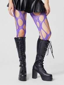 ROMWE 1Pair Of Dark Gothic Purple Hollow Fishing Net Socks - Purple 8 - View 5