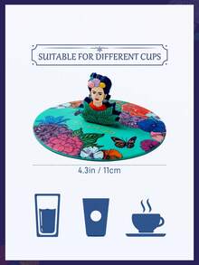 Frida Kahlo X SHEIN 1pc Polychrome Silicone Cup Lid, Anti-Dust Airtight Mug Covers For Hot And Cold Beverages, Cup Not Included, Gifts - Teal Blue - View 3