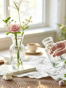 Vintage Striped Glass Vase, Simple Clear Glass Flower Vase With Bud Decor, Desktop Floral Arrangement Ornament For Home Room Decor, Ideal Mother's Day Gift, Birthday Present For Mom And Graduation Gift For Flower‑Planting - Multicolor - View 2
