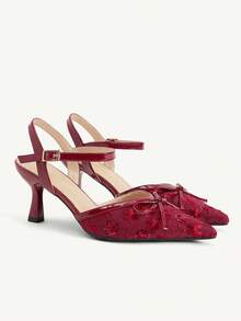CUCCOO CHICEST 女款刺繡花卉露跟高跟鞋，蝴蝶結裝飾尖頭網布細跟涼鞋，優雅露背高跟鞋，適合日常、婚禮、派對 - 紅色 - 查看 4