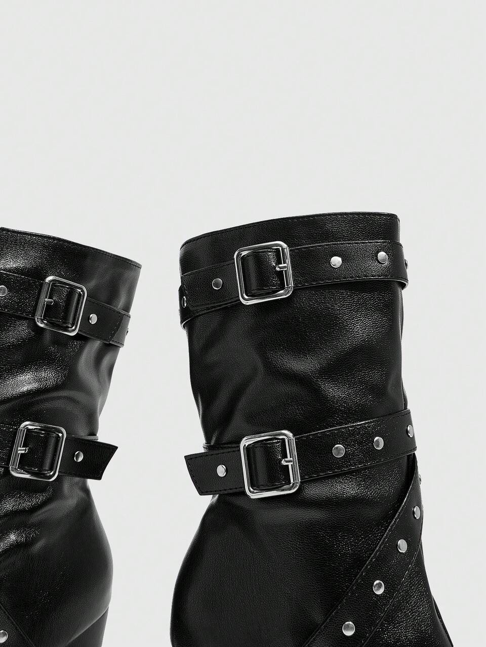 CUCCOO SZL Cool Sa Punk Style Women Go Out On The Street For Dating In Autumn And Winter, Silver Buckle Rivets Decoration Solid Color Pointed Middle Tube Thick H Fall Boots