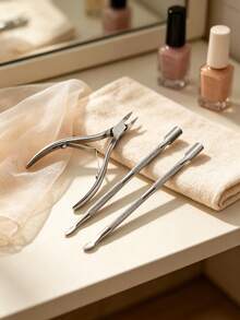 3 Set Stainless Steel Cuticle Pusher Remover Nipper Trimmer Professional Nail Tool Kit Salon Home Use Manicure Pedicure Essentials At Home Nail Care Tools - Silver - View 7