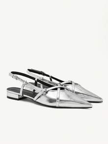 CUCCOO CHICEST Women's Cross Strap Bimetal Buckle Back Trip Strap Pointed Toe Competent Commuter Glossy Patent Leather Silver Backspace Sandals Workplace Commuter D - Silver - View 2